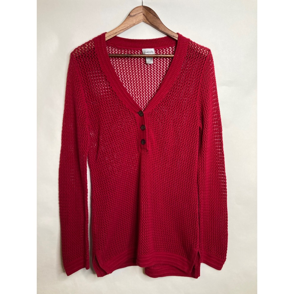 Chicos Open Knit Henley Sweater‎ Red V-Neck Womens Size 2 L Coastal Beach Resort